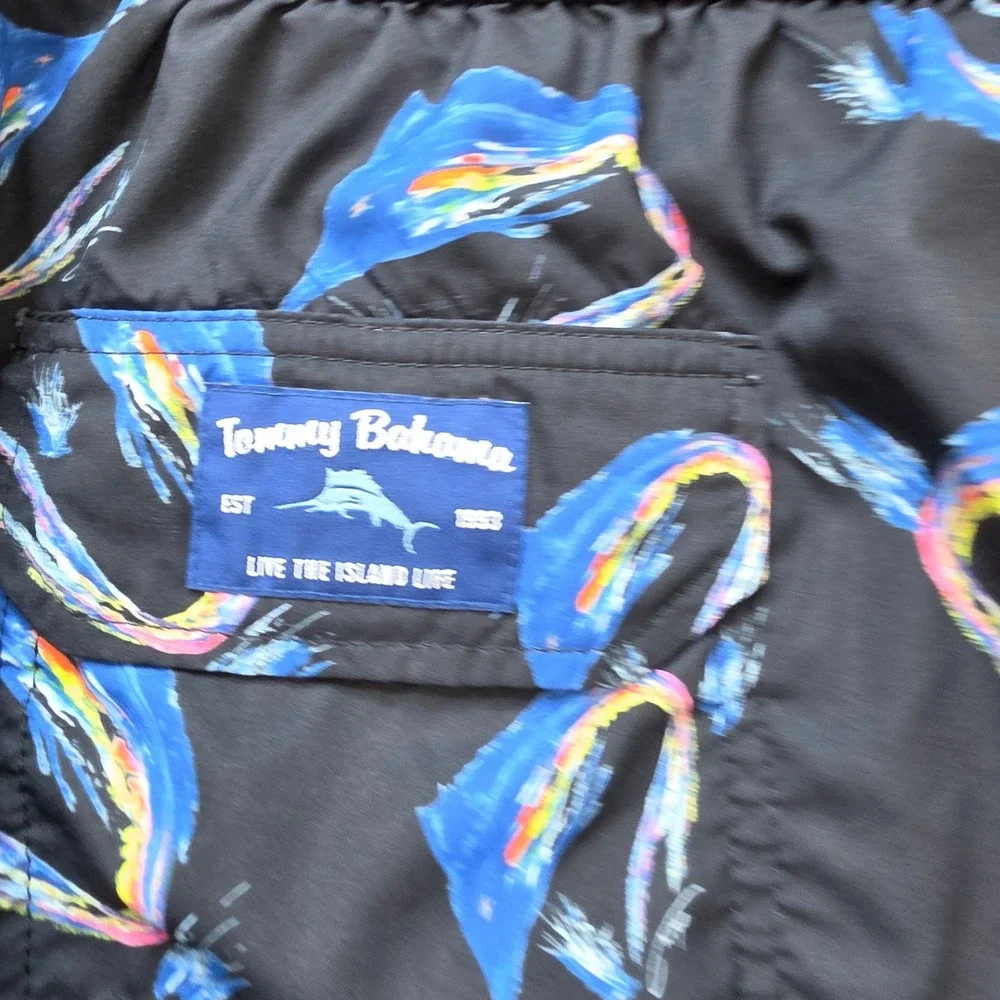 Tommy Bahama Marlin Swim Trunks Mens 3XLT Black Blue Tropical Fishing Board